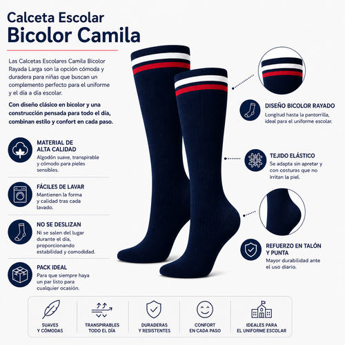 Calceta Escolar Bicolor Camila Niña 6 Pares by Don Calcetín