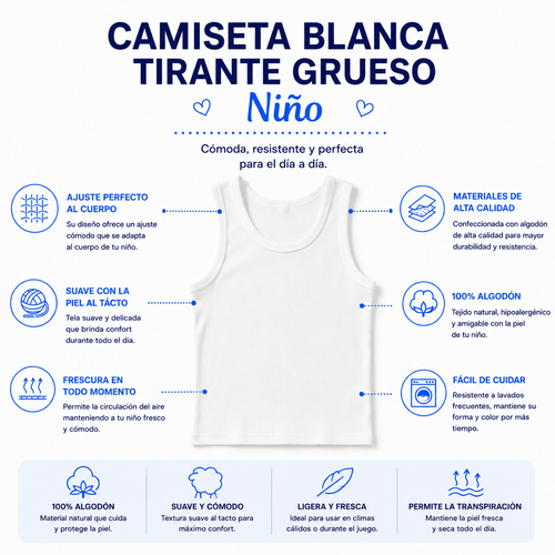 3 Pzs. Camiseta Blanca Tirante Grueso Niño - Don Calcetín
