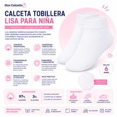 6 Pares Calceta Tobillera Escolar Liso Niña - Don Calcetín