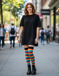 Calceta Larga Medieta Rayada Multicolor Negro