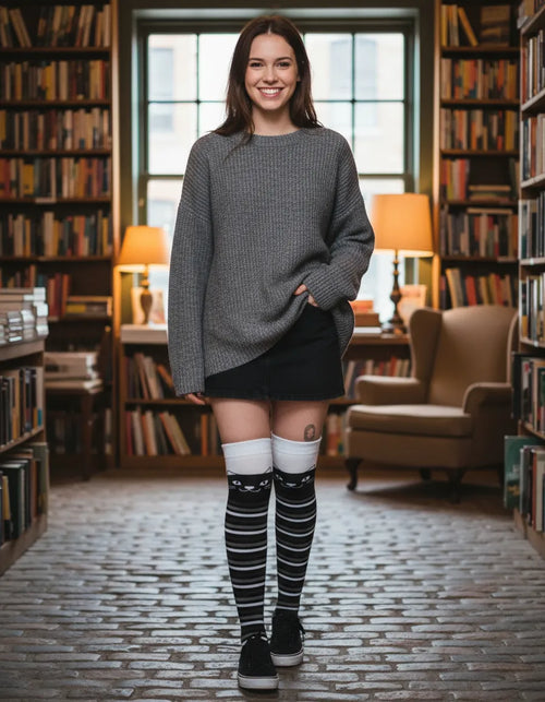 Calceta Larga Medieta Gatos Rayas B/N