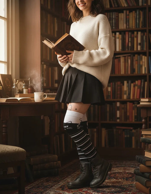 Calceta Larga Medieta Gatos Rayas B/N