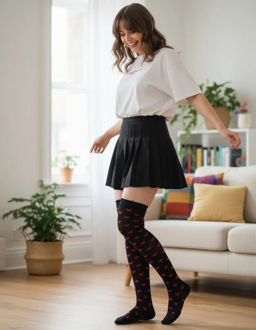 Calceta Larga Medieta Corazones Negro Mujer