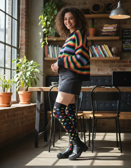 Calceta Larga Medieta Puntos Multicolor Negro Mujer