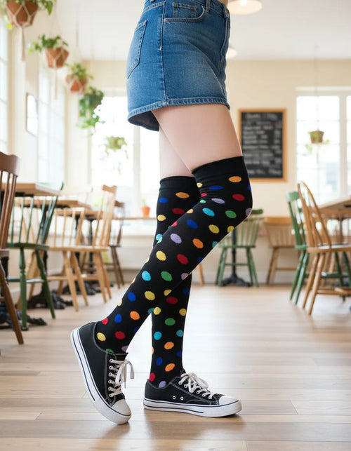 Calceta Larga Medieta Puntos Multicolor Negro Mujer