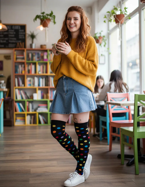 Calceta Larga Medieta Puntos Multicolor Negro Mujer