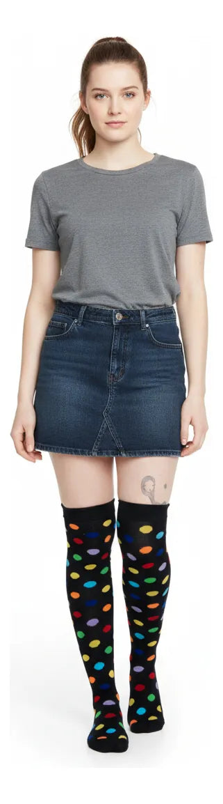 Calceta Larga Medieta Puntos Multicolor Negro Mujer