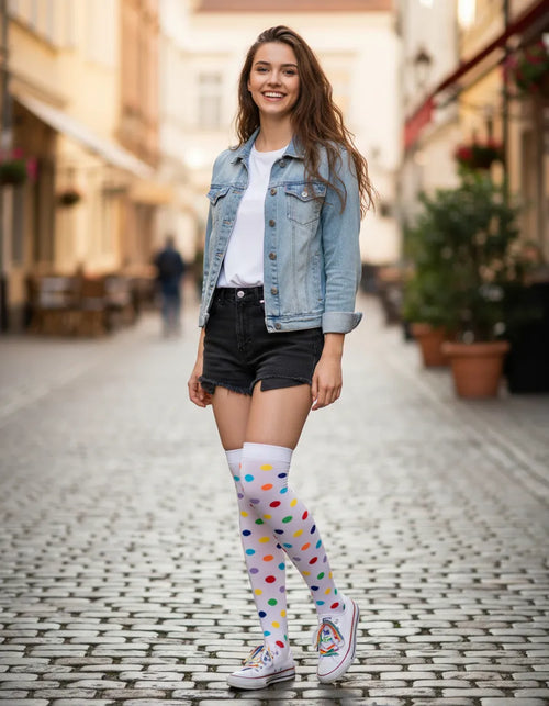 Calceta Larga Medieta Puntos Multicolor Blanco Mujer