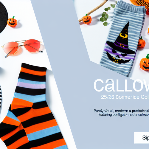 Calcetas largas y medias rayadas estilo Halloween, Colección 25/26, con diseño de bruja y calabazas.