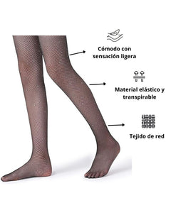 Medias Malla Red Brillante Diamantes Fiesta Disfraz Niña 3 Piezas