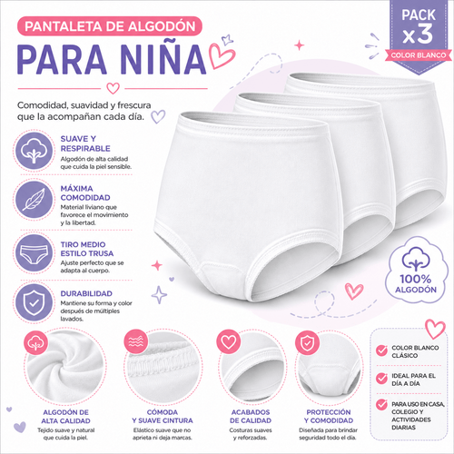 3 Pzs. Calzón Pantaleta de Algodón Niña - Don Calcetín