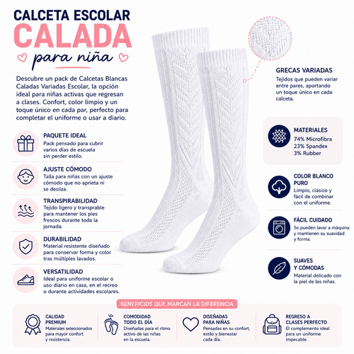 Calceta Escolar Calada Niña 6 Pares by Don Calcetín