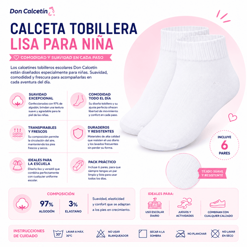 6 Pares Calceta Tobillera Escolar Liso Niña - Don Calcetín