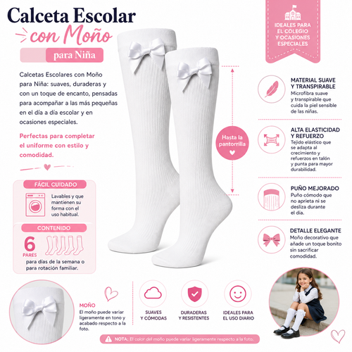 Calceta Escolar Con Moño Niña 6 Pares by Don Calcetín