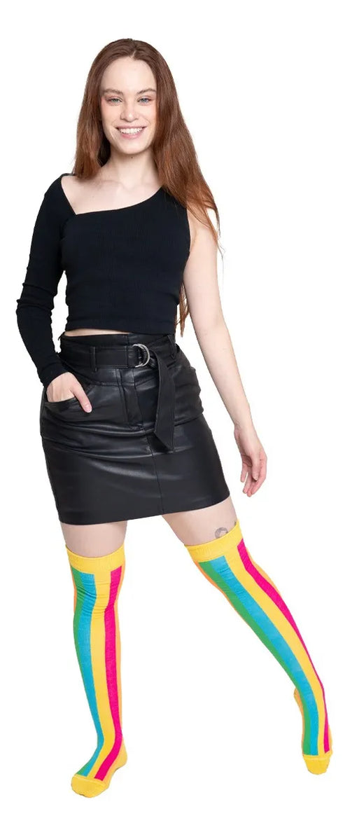 Calceta Larga Medieta Algodón Multicolor Arcoiris Uso Diario Mujer