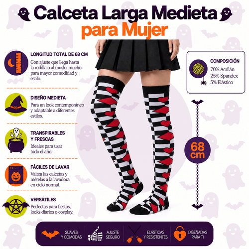 Calceta Larga Medieta Corazón Blanco Negro - Don Calcetín
