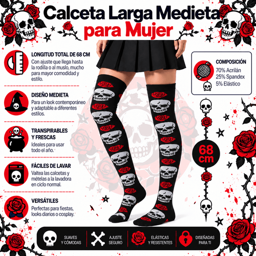 Calceta Larga Medieta Craneos Rosas - Don Calcetín