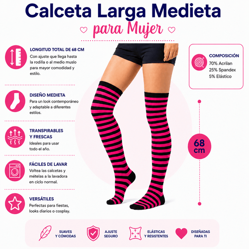 Calceta Larga Medieta Rayada Rosa - Don Calcetín
