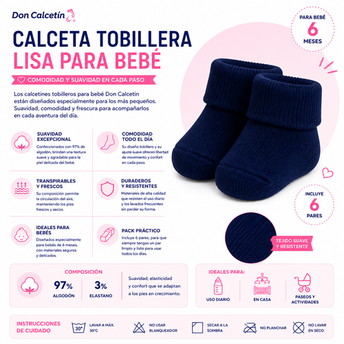 6 Pares Calceta Tobillera Liso Bebé by Don Calcetín