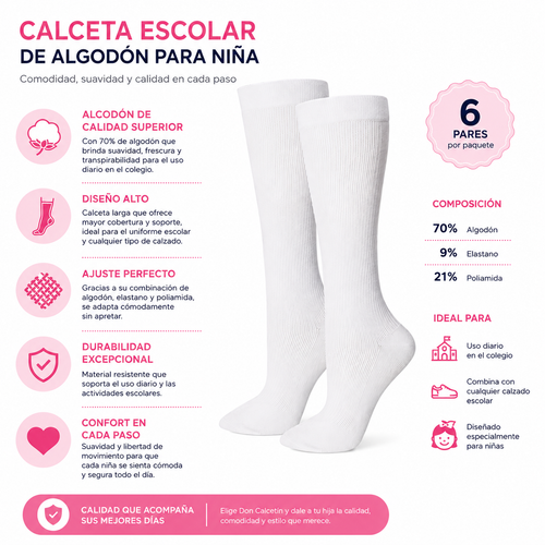Calceta Escolar Algodón Niña 6 Pares by Don Calcetín