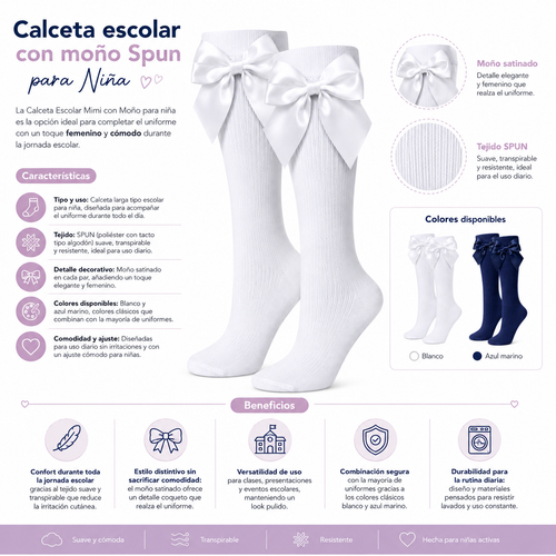 Calceta Escolar Con Moño Spun Niña 6 Pares by Don Calcetín
