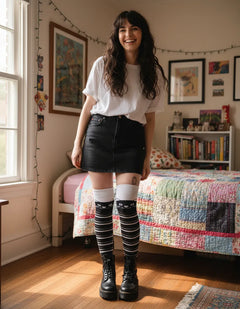 Calceta Larga Medieta Gatos Rayas B/N