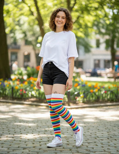 Calceta Larga Medieta Rayada Multicolor Blanco