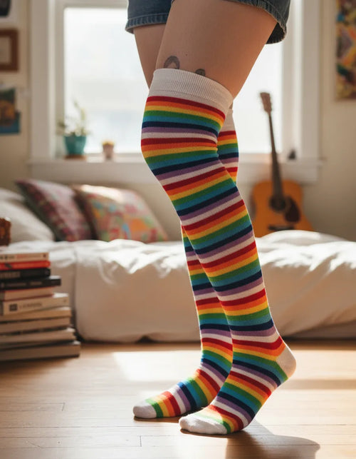 Calceta Larga Medieta Rayada Multicolor Blanco