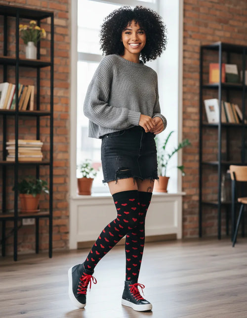 Calceta Larga Medieta Corazones Negro Mujer
