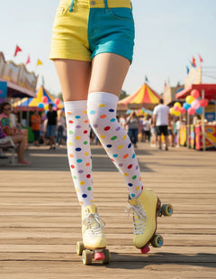 Calceta Larga Medieta Puntos Multicolor Blanco Mujer