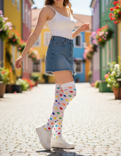 Calceta Larga Medieta Puntos Multicolor Blanco Mujer