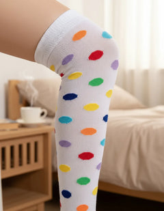 Calceta Larga Medieta Puntos Multicolor Blanco Mujer