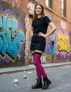 Calceta Larga Medieta Rayada Rosa