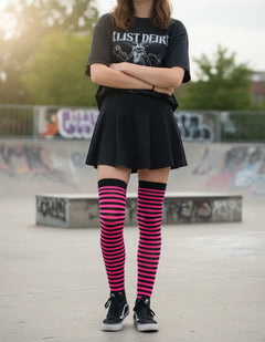 Calceta Larga Medieta Rayada Rosa