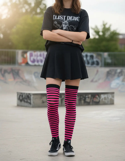 Calceta Larga Medieta Rayada Rosa