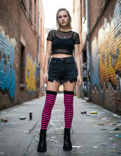 Calceta Larga Medieta Rayada Rosa