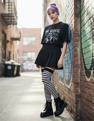 Calceta Larga Medieta Rayada Merlina Negro