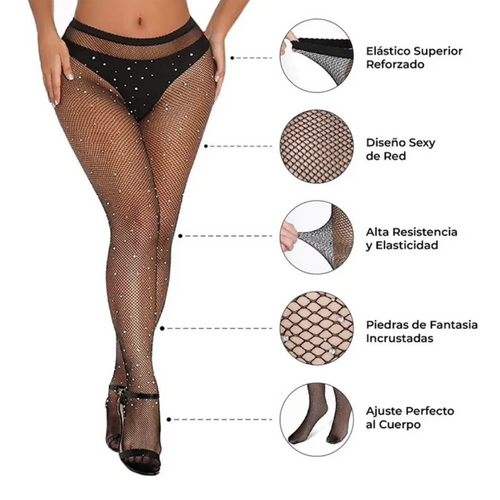 Medias Mallas Red Brillos Negro Mujer