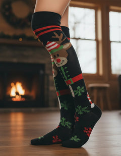 Calceta Larga Navideña Niña - Diseño Reno Copos