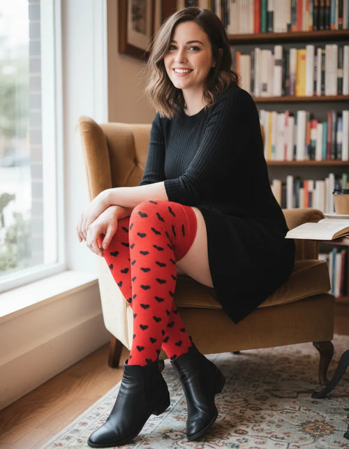 Calceta Larga Medieta Corazones Rojo Mujer