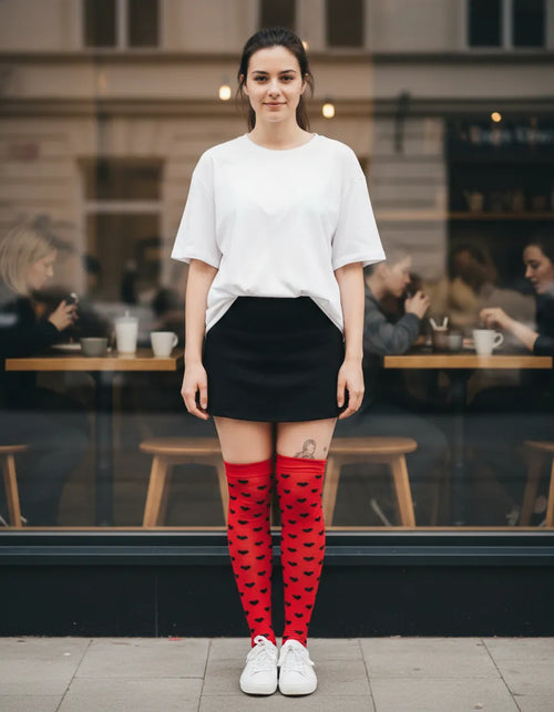 Calceta Larga Medieta Corazones Rojo Mujer